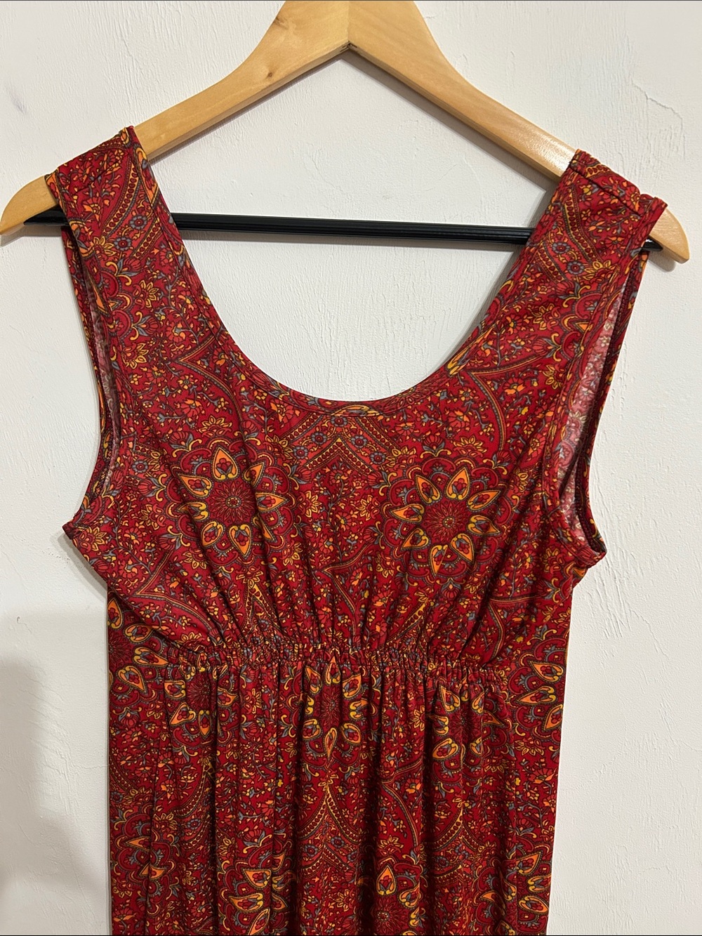 Aller Simplement Sleeveless Red Paisley Shirred-Waist Midi Dress L/XL